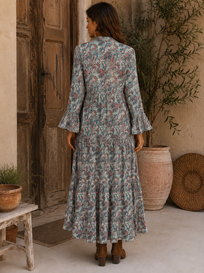 Willow Paisley midi dress back view showing tiered skirt and flared sleeves with delicate paisley print and embroidered front panel - Sample D-1528 by Cienna Designs