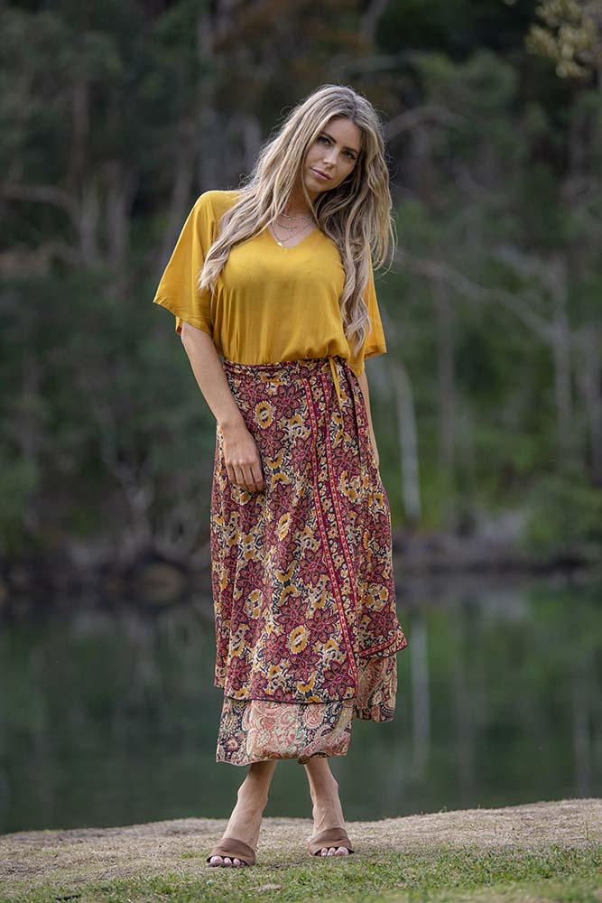 Rust Floral Wrap Skirt